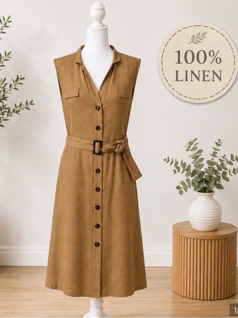 Chico’s 100% Linen Button Front Midi Dress Belted Camel Brown Sleeveless